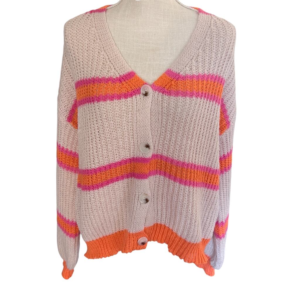 Women's Cardigan, Beige w/ Fluorescent Orange & Pink Stripes, Size Large
